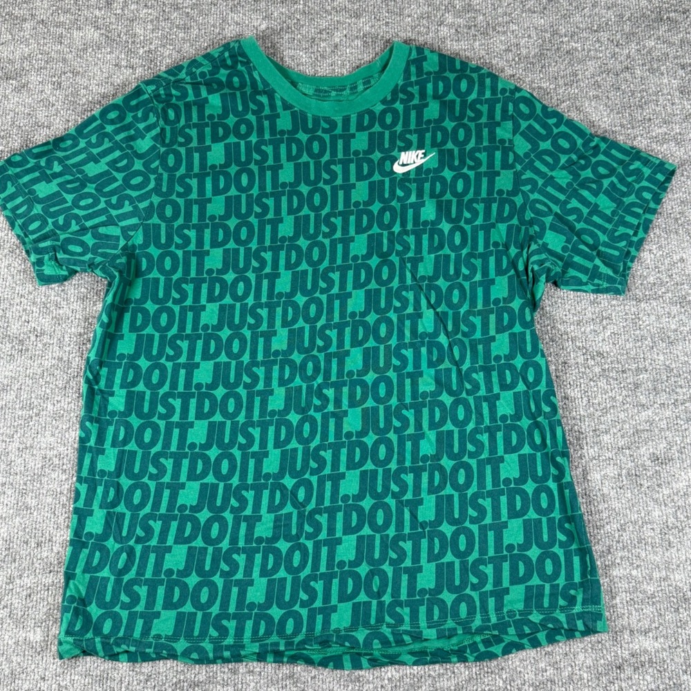 Nike Mens Large Green Just Do It All Over Print Tee Shirt Short Sleeve Sporty‎